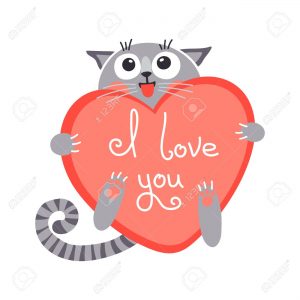 Cute cartoon ginger cat with heart and declaration of love. Vector illustration.