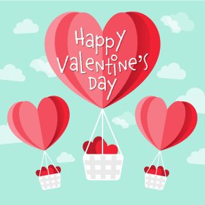 Happy Valentine's day vector heart shaped hot air balloons in the sky