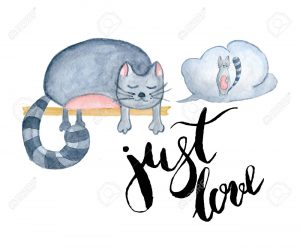 Watercolor cats with inscription Just love, hand-drawn cartoon illustration for greeting cards, invitations, Valentine`s cards