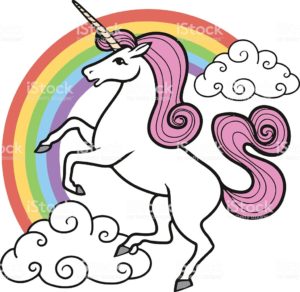 Cartoon unicorn with rainbow and clouds.