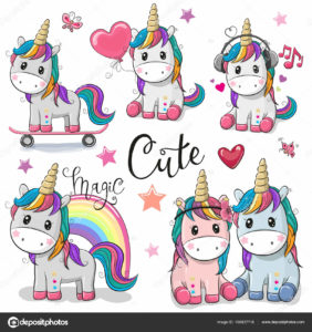 Set of Cute Cartoon Unicorns isolated on a white background