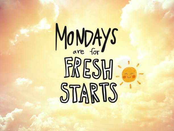 Mondays are for fresh starts word lettering and sun smile on golden sky background